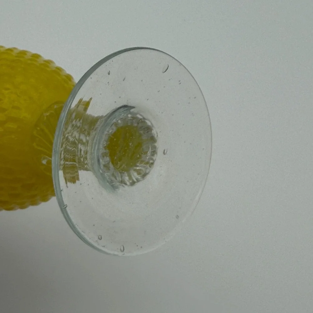 Vintage Yellow Satin Hobnail Glass Bud Vase Clear Twisted Stem‎ Ruffled Rim 10in